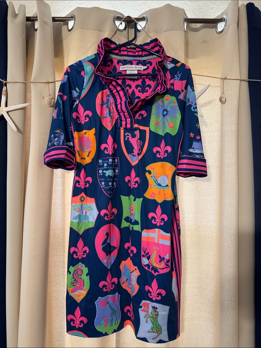 GRETCHEN SCOTT Siena Print Ruffneck Navy Dress w/Bright Pink